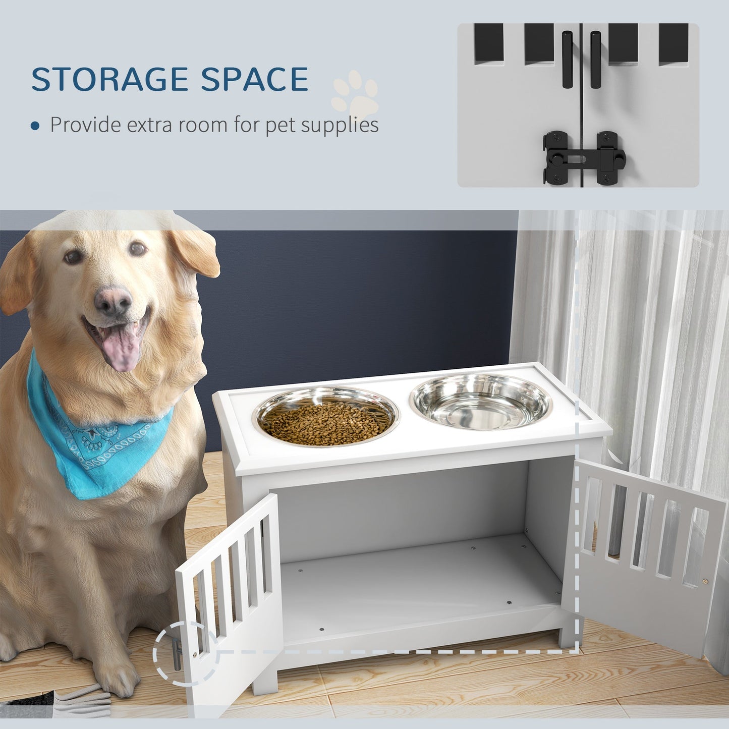 PawHut Large Elevated Dog Bowls with Storage Cabinet, white finish with 2 stainless steel bowls on Tampa Home & Garden Store