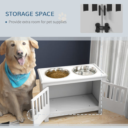 PawHut Large Elevated Dog Bowls with Storage Cabinet, white finish with 2 stainless steel bowls on Tampa Home & Garden Store