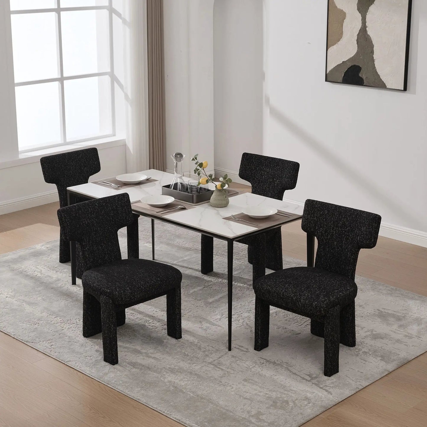 Armless Curved Back Accent Chairs, six in dark textured fabric around a marble dining table on Tampa Home & Garden Store