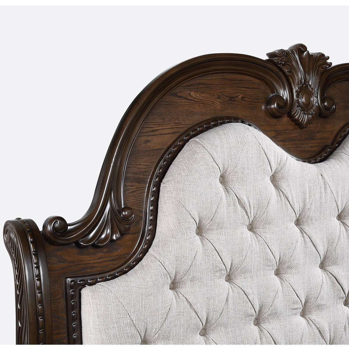 Traditional style button tufted headboard sleigh bed with dark wood frame and beige fabric on Tampa Home & Garden Store