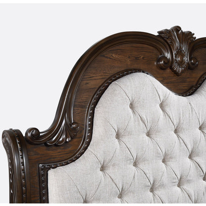 Traditional style button tufted headboard sleigh bed with dark wood frame and beige fabric on Tampa Home & Garden Store
