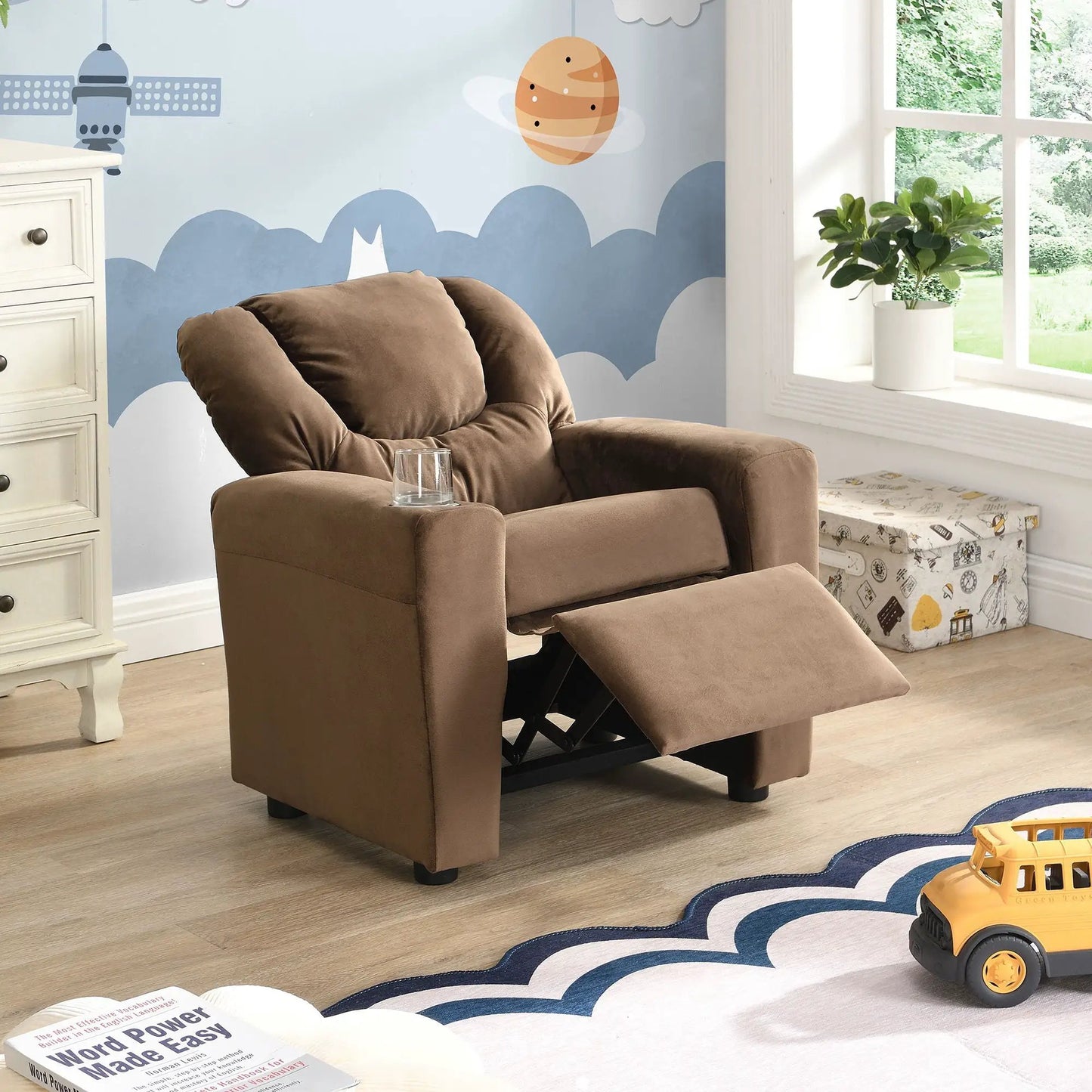 Kids brown upholstered recliner chair with extended footrest and padded back in cozy playroom on Tampa Home & Garden Store
