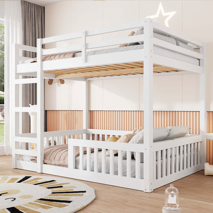 Stylish white wooden bunk bed with ladder and guardrails, twin over twin on Tampa Home & Garden Store