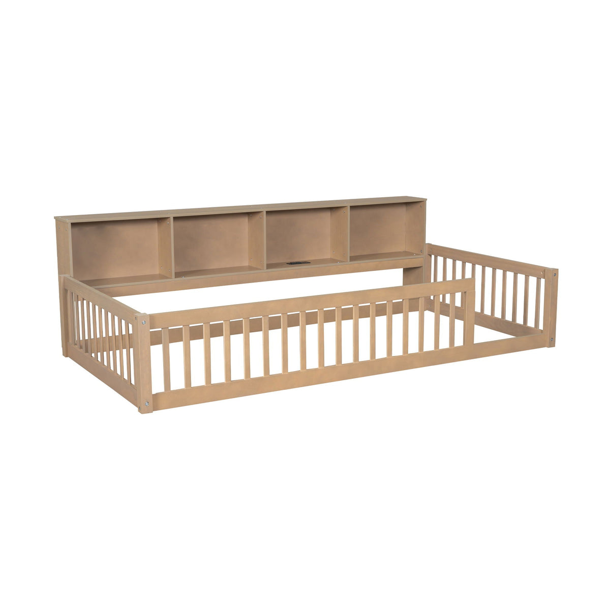 Floor bed with built-in storage cabinets and USB ports in natural wood by HouseOfZazla on Tampa Home & Garden Store