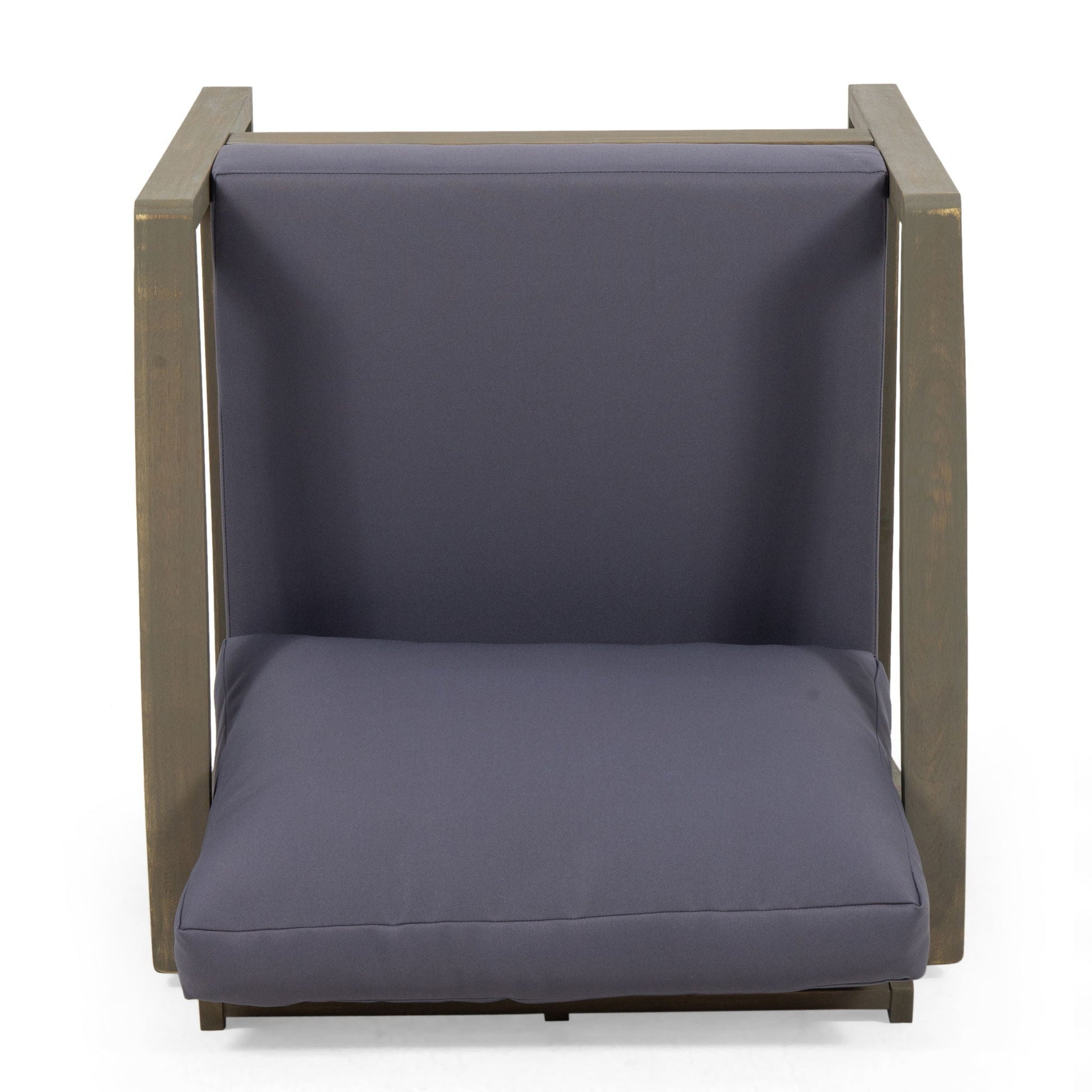 Samwell Outdoor Club Chair with navy cushions and a natural wood frame on Tampa Home & Garden Store