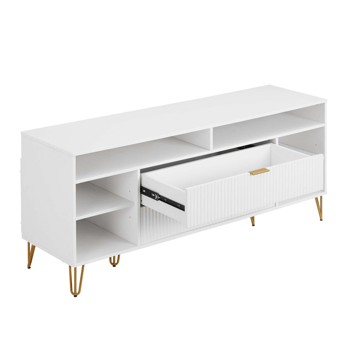 Fluted white TV stand with storage drawers and gold metal hairpin legs on Tampa Home & Garden Store
