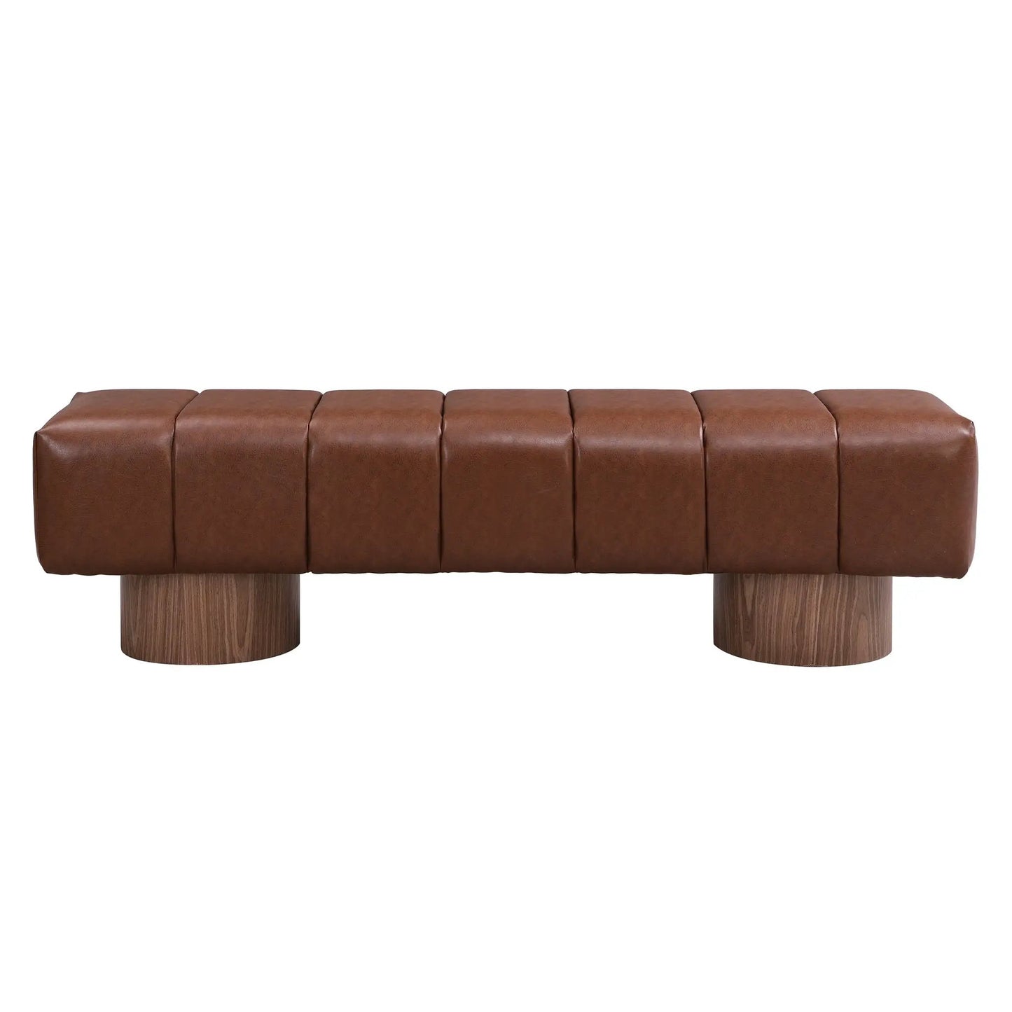 Upholstered dining bench in brown leather with tufted cushions and chunky wood legs on Tampa Home & Garden Store