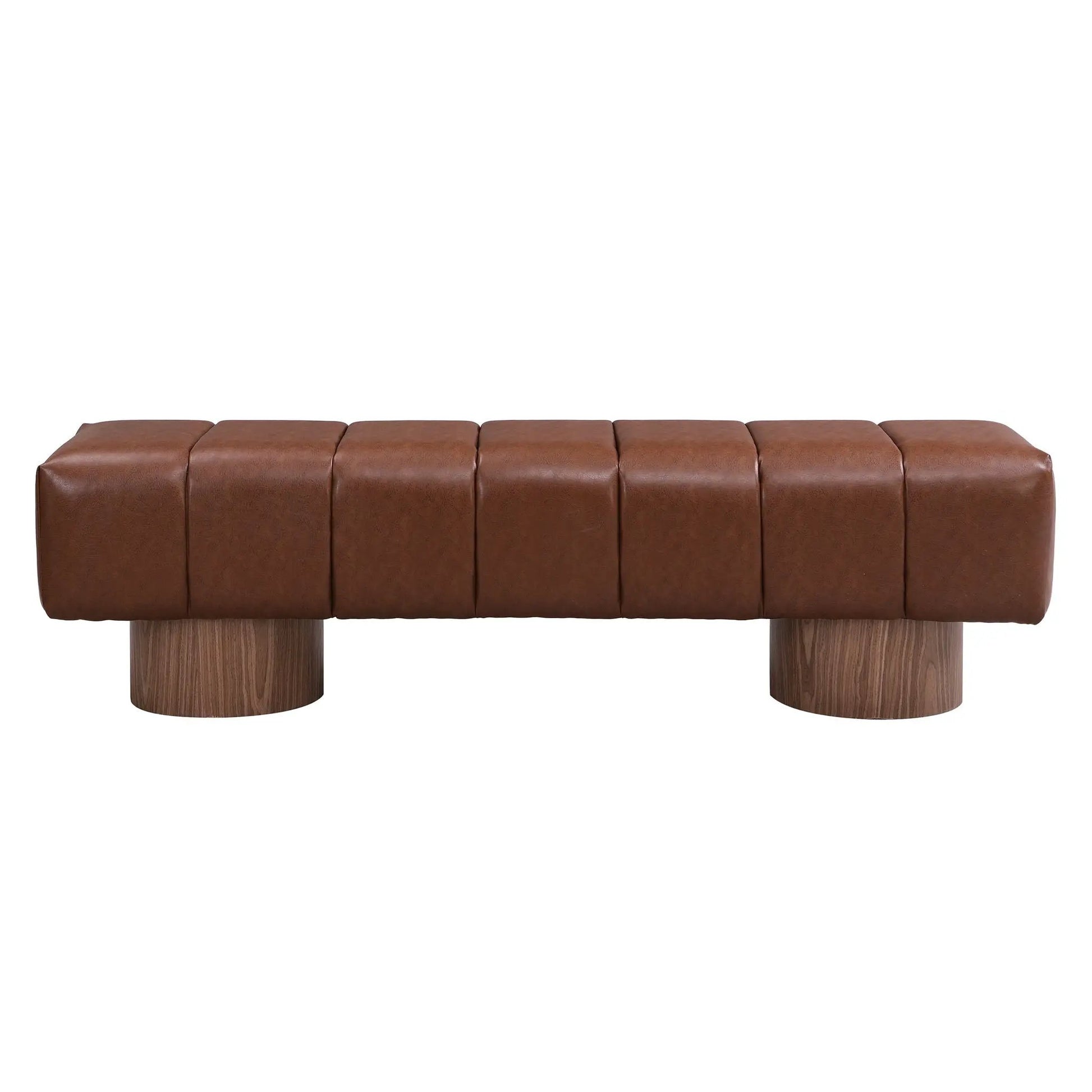 Upholstered dining bench in brown leather with tufted cushions and chunky wood legs on Tampa Home & Garden Store