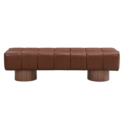 Upholstered dining bench in brown leather with tufted cushions and chunky wood legs on Tampa Home & Garden Store