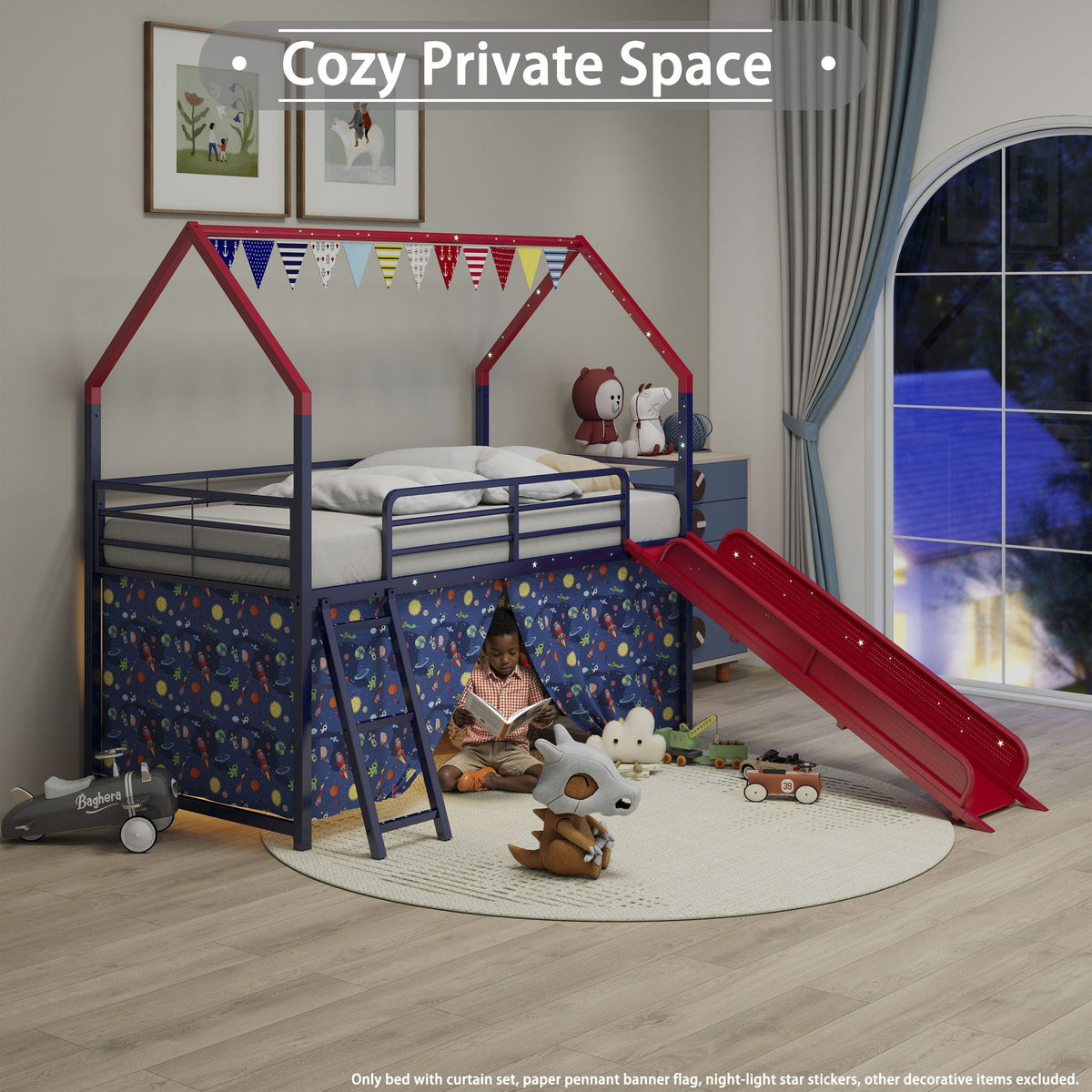 Jack loft bed with slide and curtain set by HouseOfZazla, red blue metal frame on Tampa Home & Garden Store