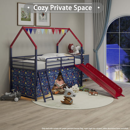 Jack loft bed with slide and curtain set by HouseOfZazla, red blue metal frame on Tampa Home & Garden Store
