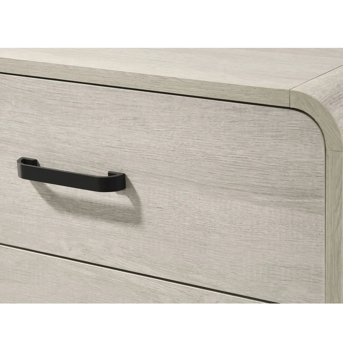 Nightstand with 2 drawers in antique white wood finish, curved edge and black handle on Tampa Home & Garden Store