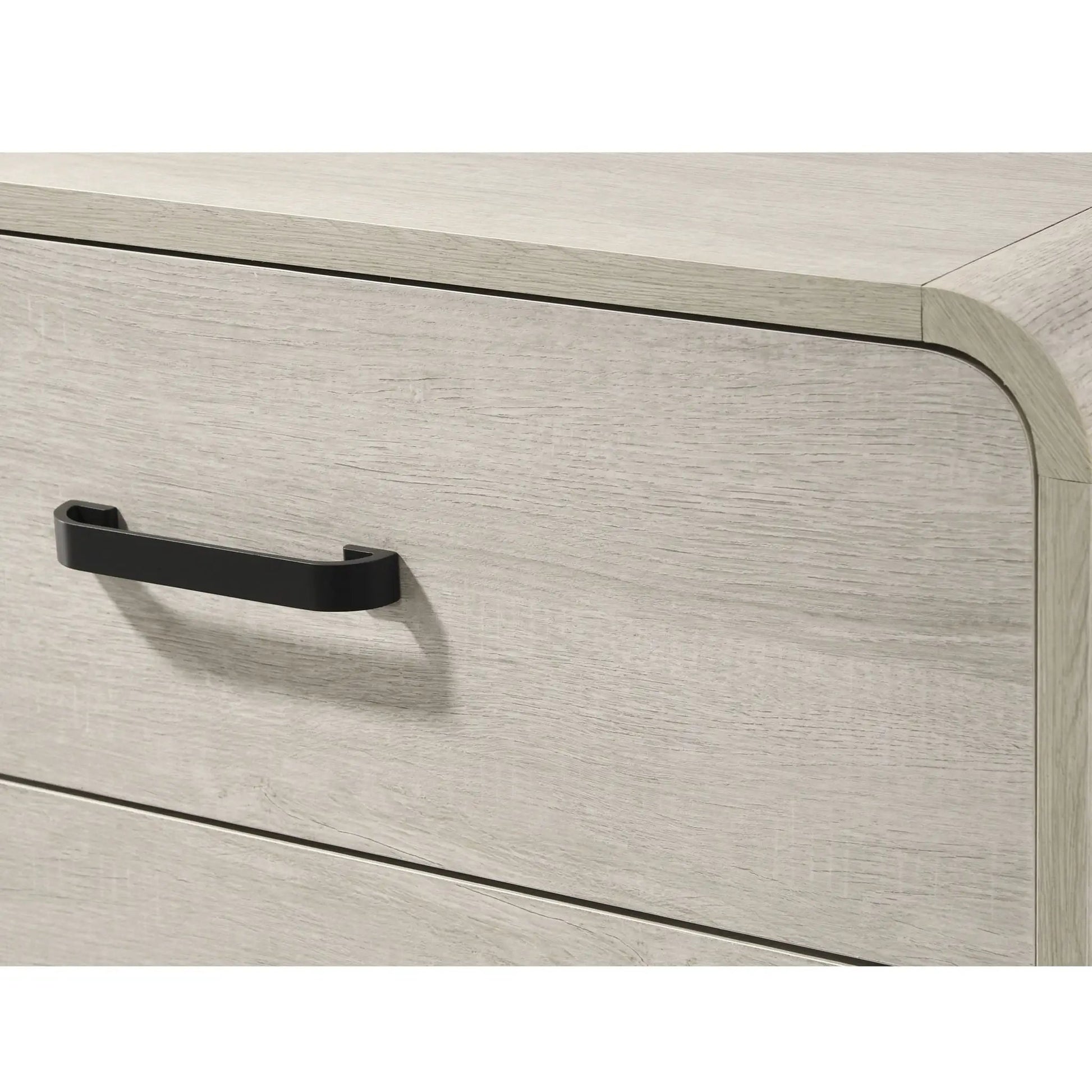 Nightstand with 2 drawers in antique white wood finish, curved edge and black handle on Tampa Home & Garden Store