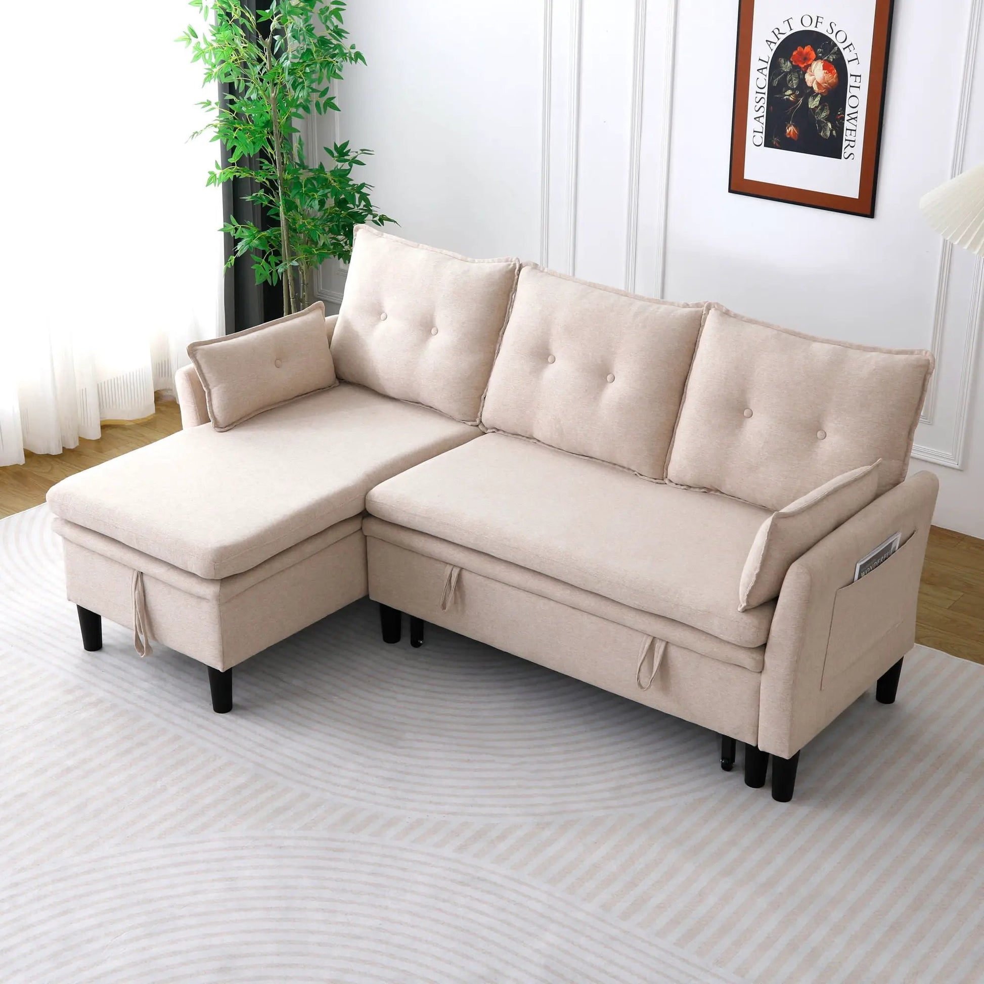 L-Shaped Reversible Chaise Sectional Sofa With Storage in beige fabric, black legs on Tampa Home & Garden Store