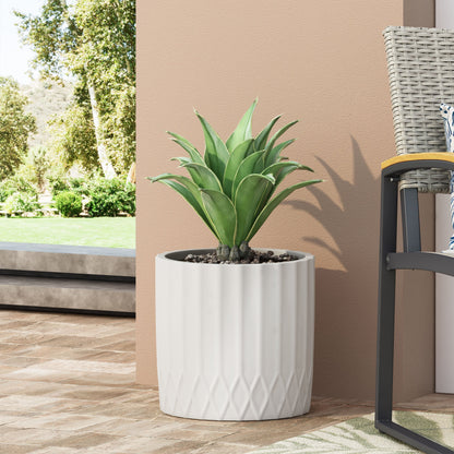 MGO planter white ribbed ceramic pot with agave on a patio against peach wall HouseOfZazla on Tampa Home & Garden Store