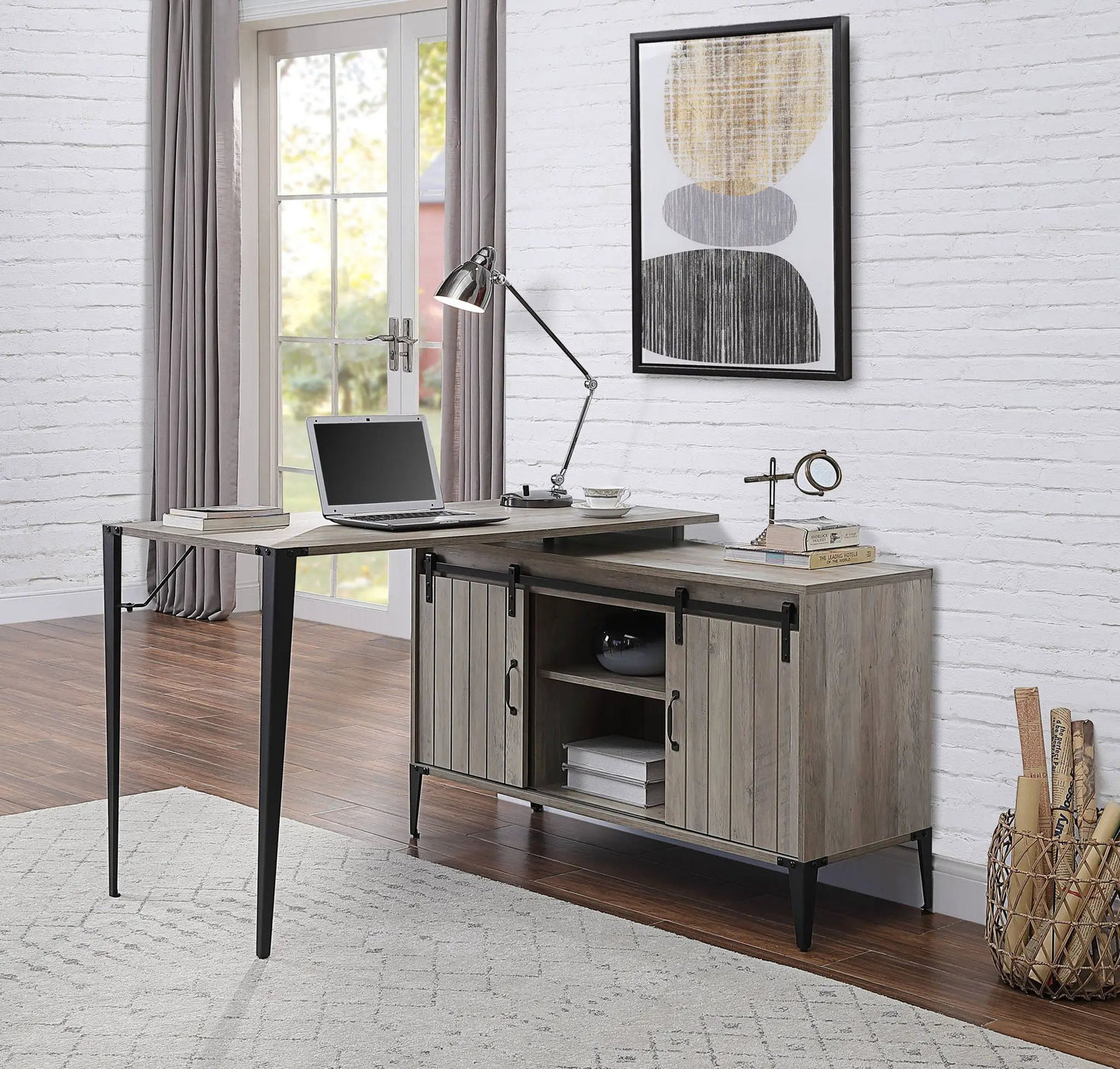 Zakwani wood writing desk by Unique Piece Furniture, black metal legs, laptop on Tampa Home & Garden Store