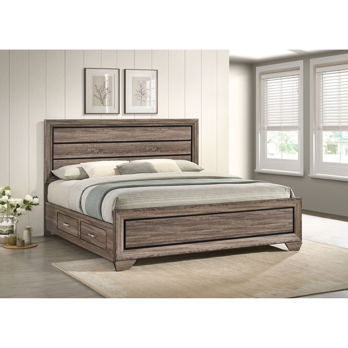 Oatfield Panel Bed by HouseOfZazla in dark textured wood with built-in storage drawers on Tampa Home & Garden Store