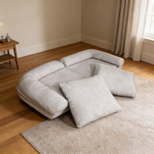 Convertible Fold-Out Single Sofa Bed in light gray fabric, modular bean bag cushions on Tampa Home & Garden Store
