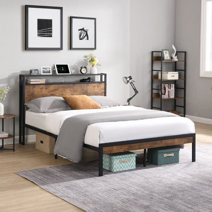 Metal Platform Bed with Wooden Headboard and Usb