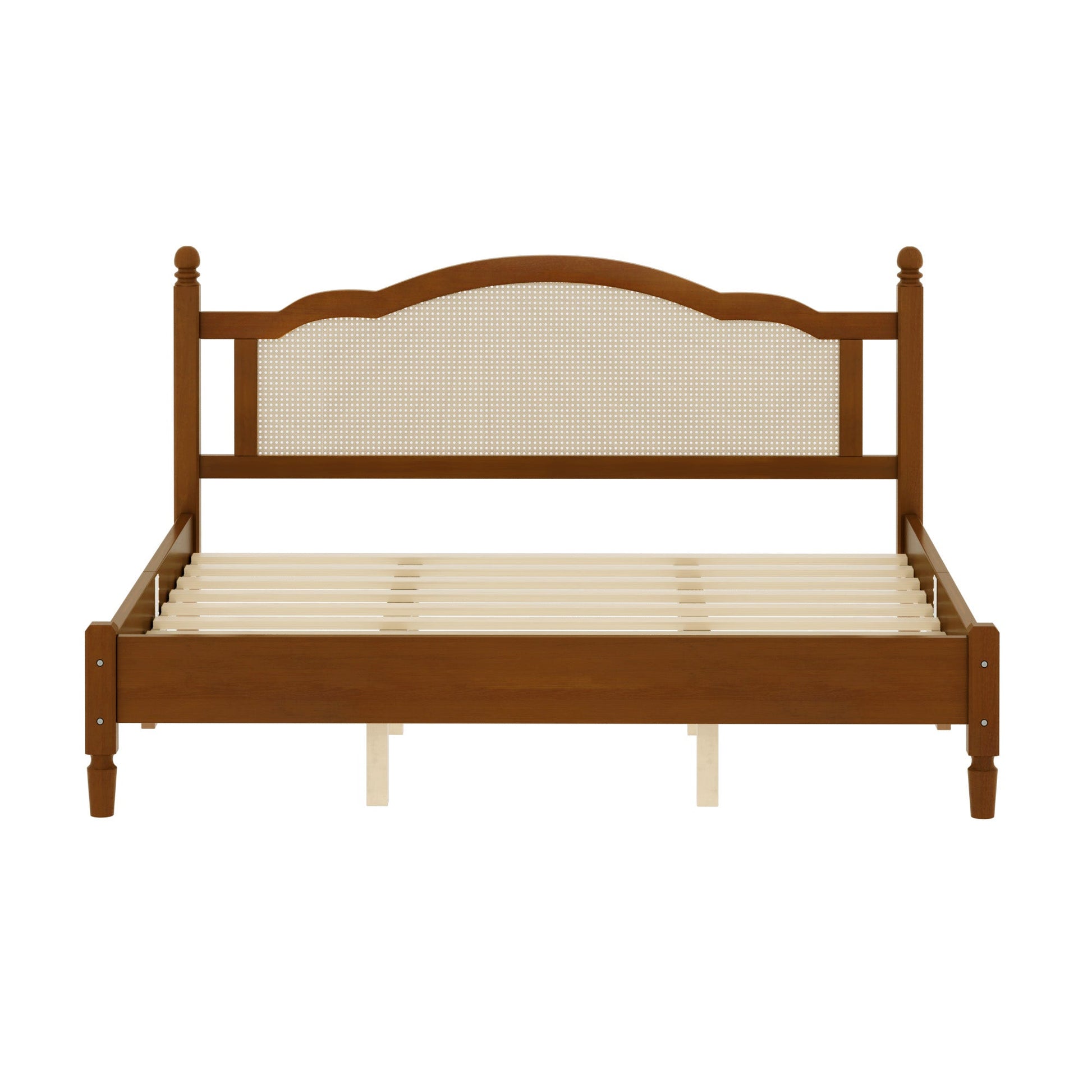 King Size wooden platform bed with rattan headboard and slatted base, HouseOfZazla on Tampa Home & Garden Store