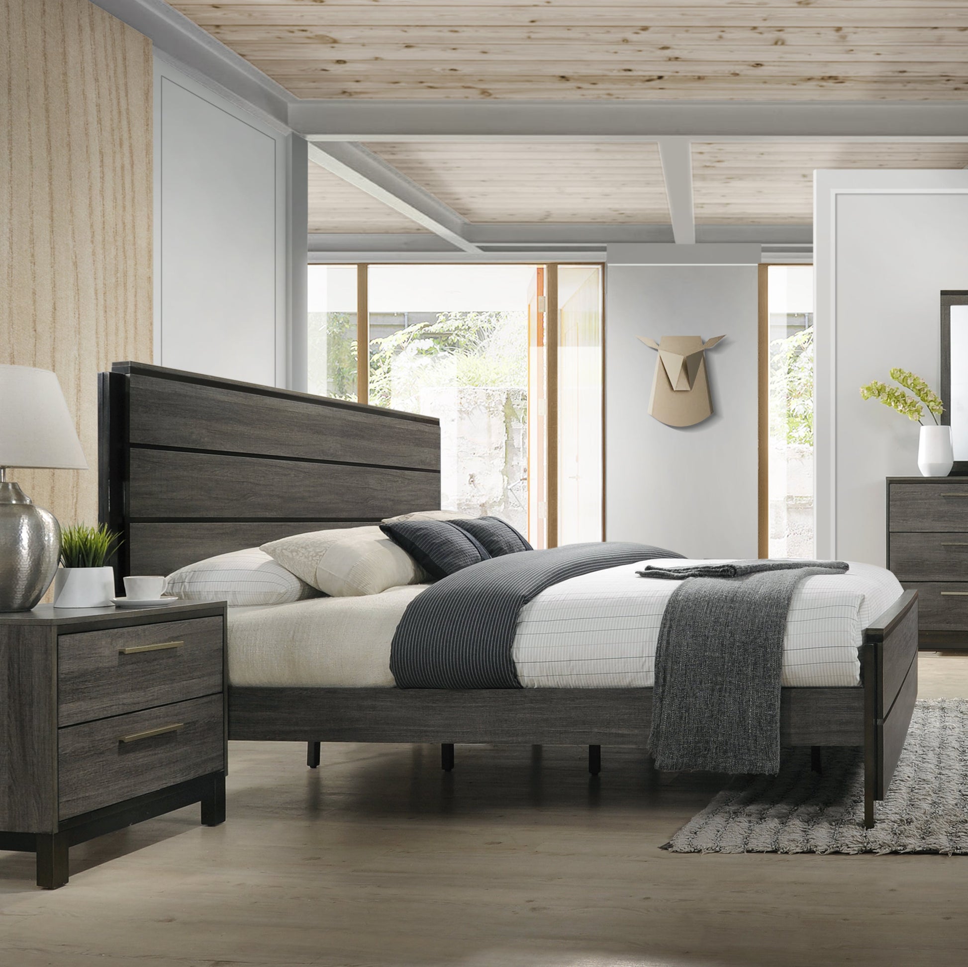 Ioana Contemporary Wood Panel Bed by HouseOfZazla in dark gray wood with matching nightstands on Tampa Home & Garden Store