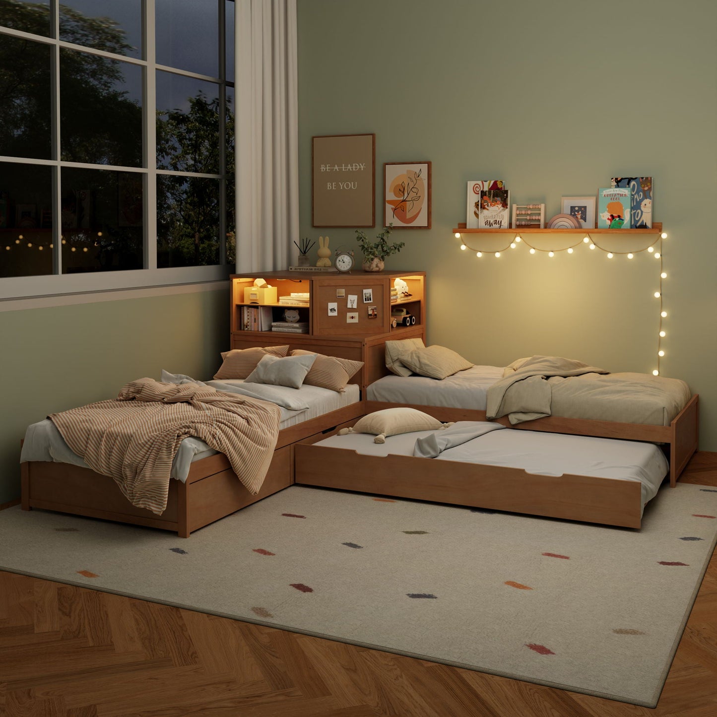 Compact L Shaped Bed Frame with Trundle and Desk