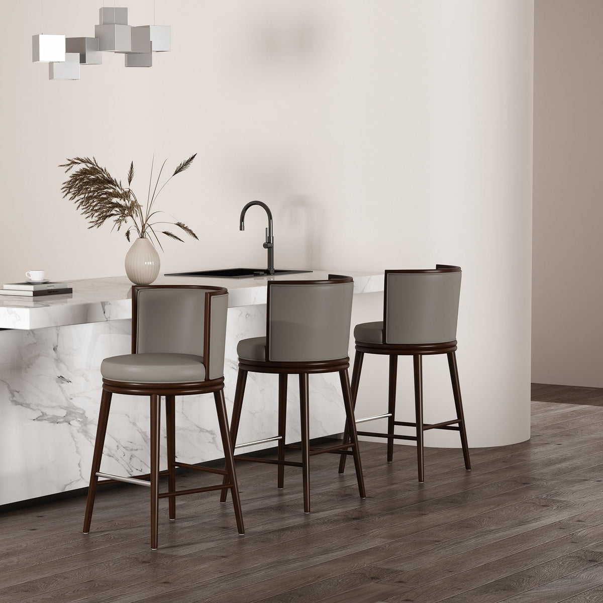 Evalyn Barstool by HouseOfZazla; bar-height grey upholstery with dark wood base, set of four on Tampa Home & Garden Store