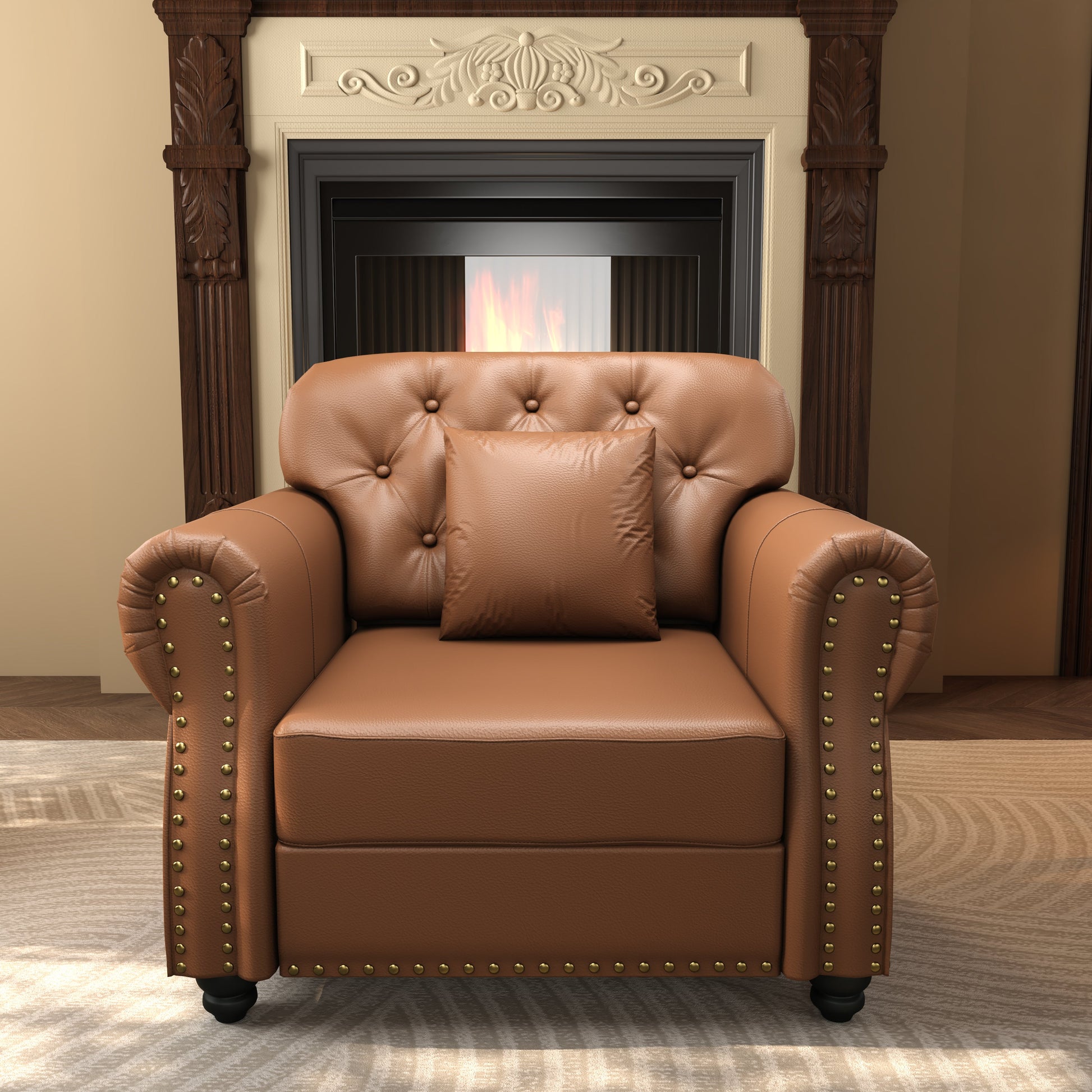 41.3-inch upholstered faux leather sofa with nailhead trim in tan brown by HouseOfZazla, sofa on Tampa Home & Garden Store