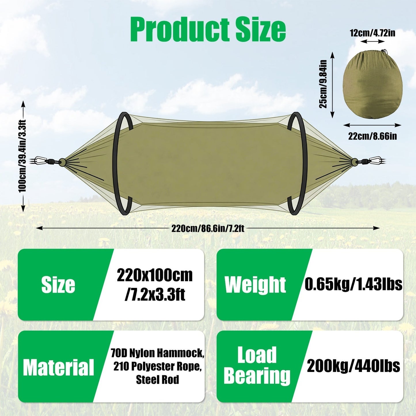 Camping Hammock with Mosquito Net by GemGear, olive green, 440lb capacity on Tampa Home & Garden Store