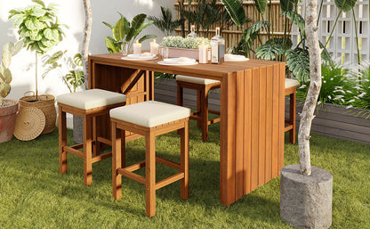 5 Piece Outdoor Bar Set HouseOfZazla teak wood with cream cushions bar table and stools on Tampa Home & Garden Store
