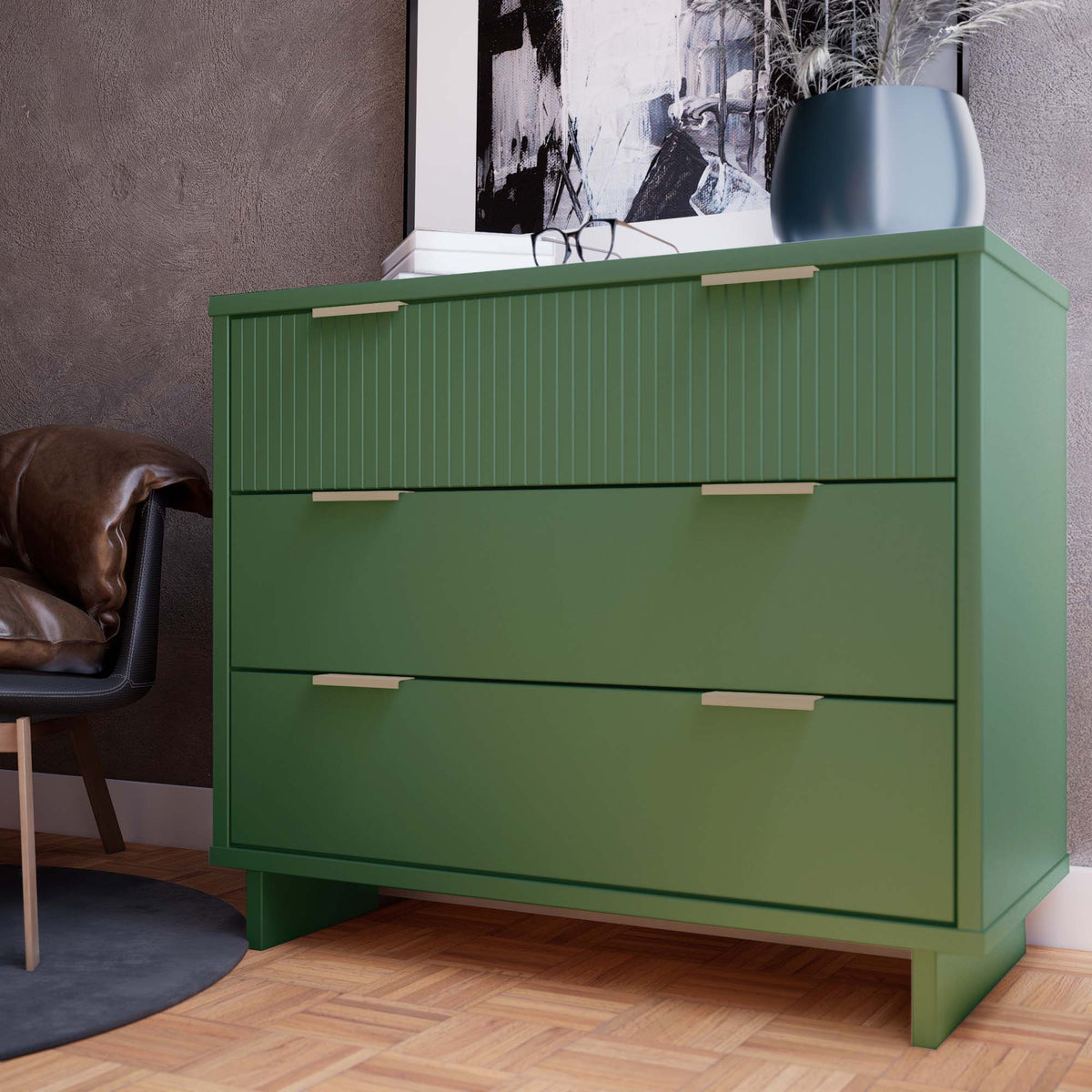 Green solid wood 3-drawer dresser with ribbed fronts brass handles on Tampa Home & Garden Store