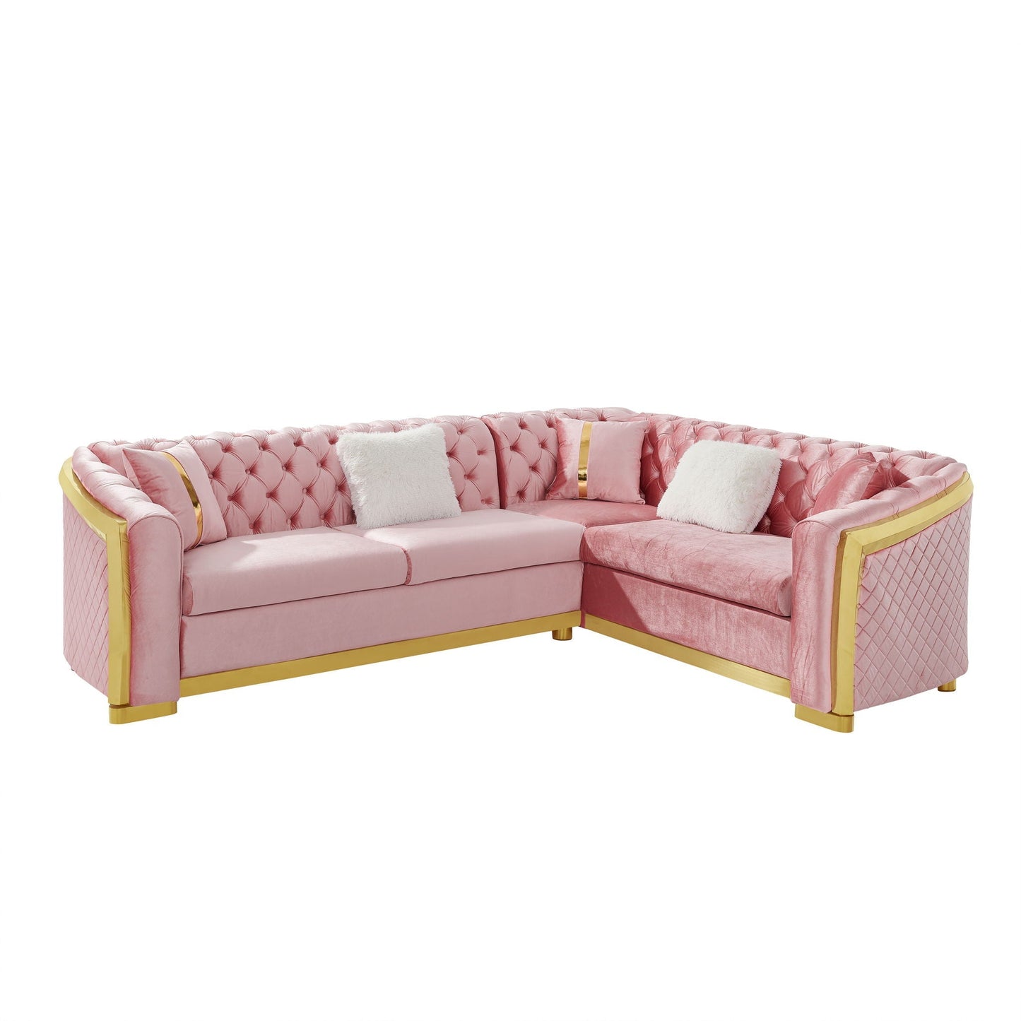 L-shaped Chesterfield pink velvet sectional sofa with stainless steel accents HouseOfZazla on Tampa Home & Garden Store