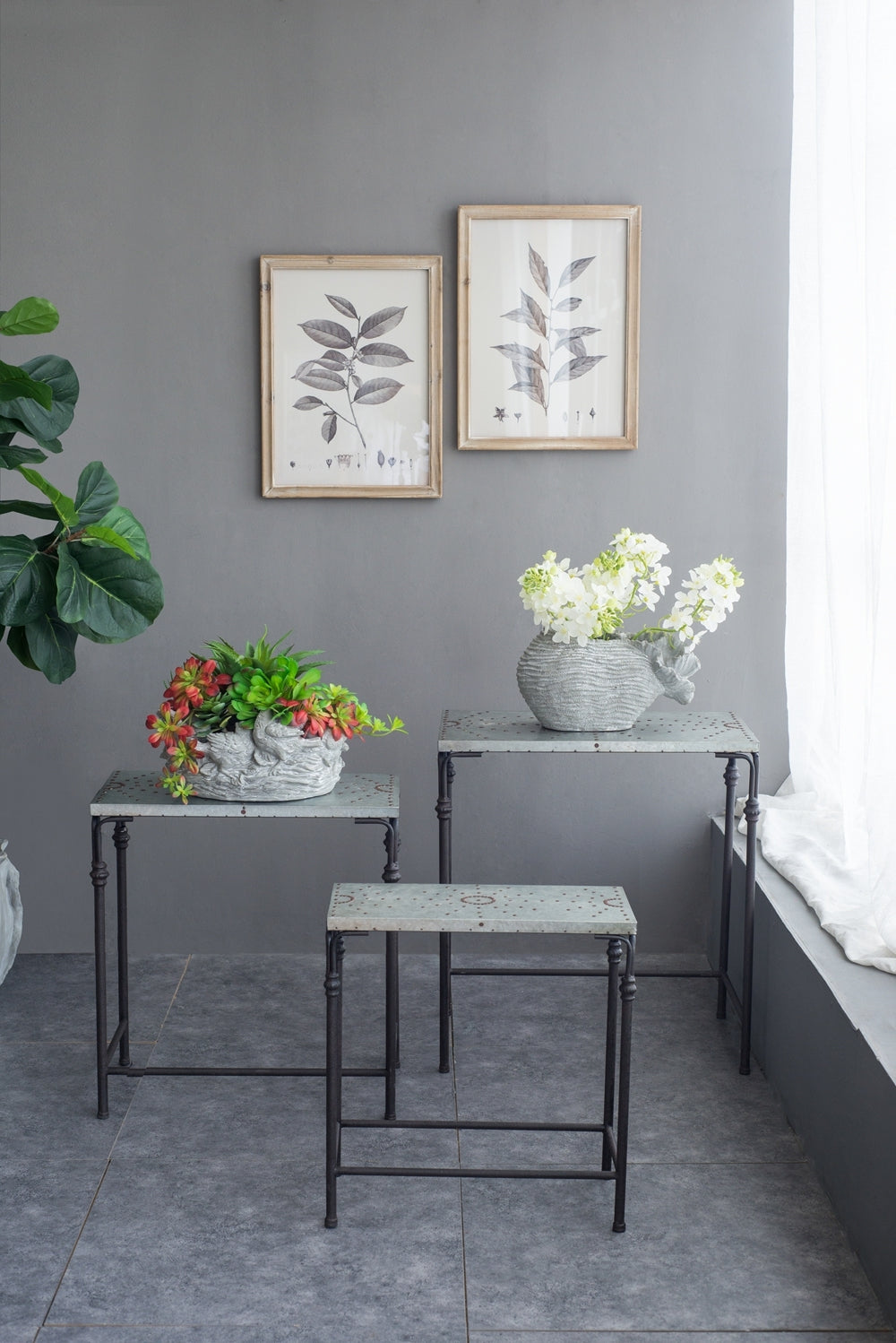 Gilbert Nesting Tables set of 3 metal plant stands with gray perforated tops and black frames by HouseOfZazla on Tampa Home & Garden Store