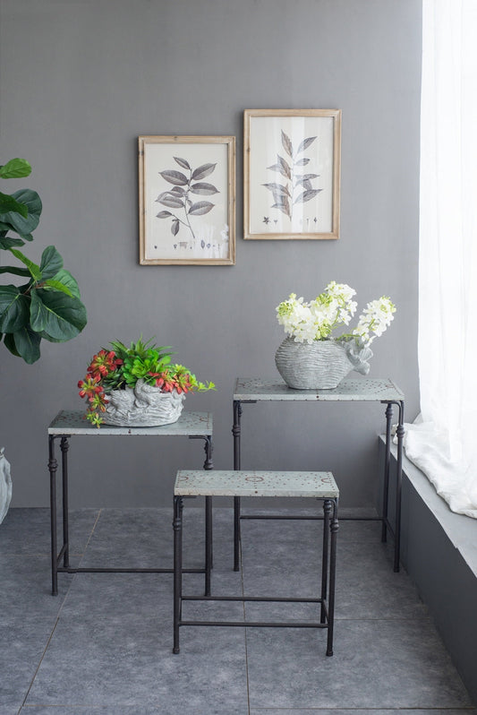 Gilbert Nesting Tables set of 3 metal plant stands with gray perforated tops and black frames by HouseOfZazla on Tampa Home & Garden Store