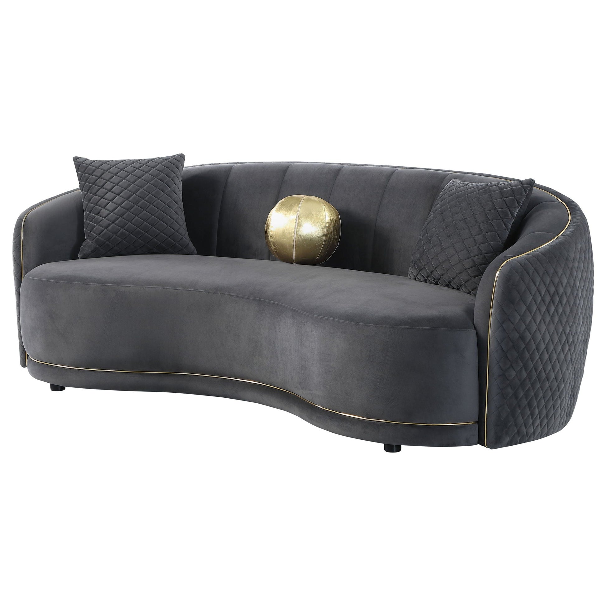 Luxe curved gray sofa by HouseOfZazla with diamond quilted cushions and gold trim on Tampa Home & Garden Store