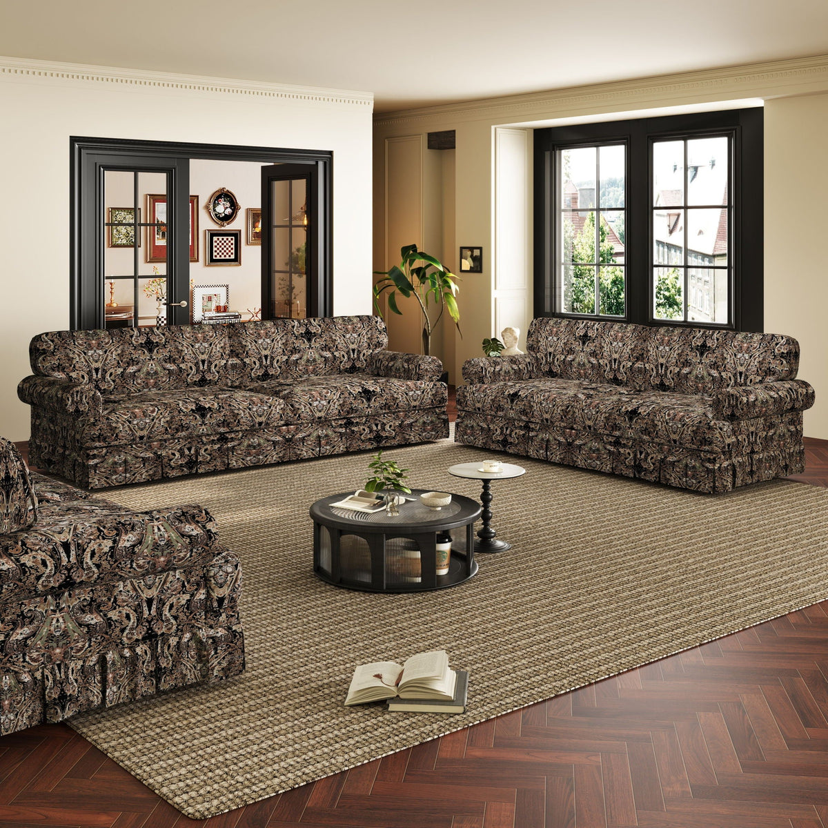 Comfortable Cloud Sofa with Rolled Arms and Skirt, dark paisley upholstery, pair of sofas on Tampa Home & Garden Store