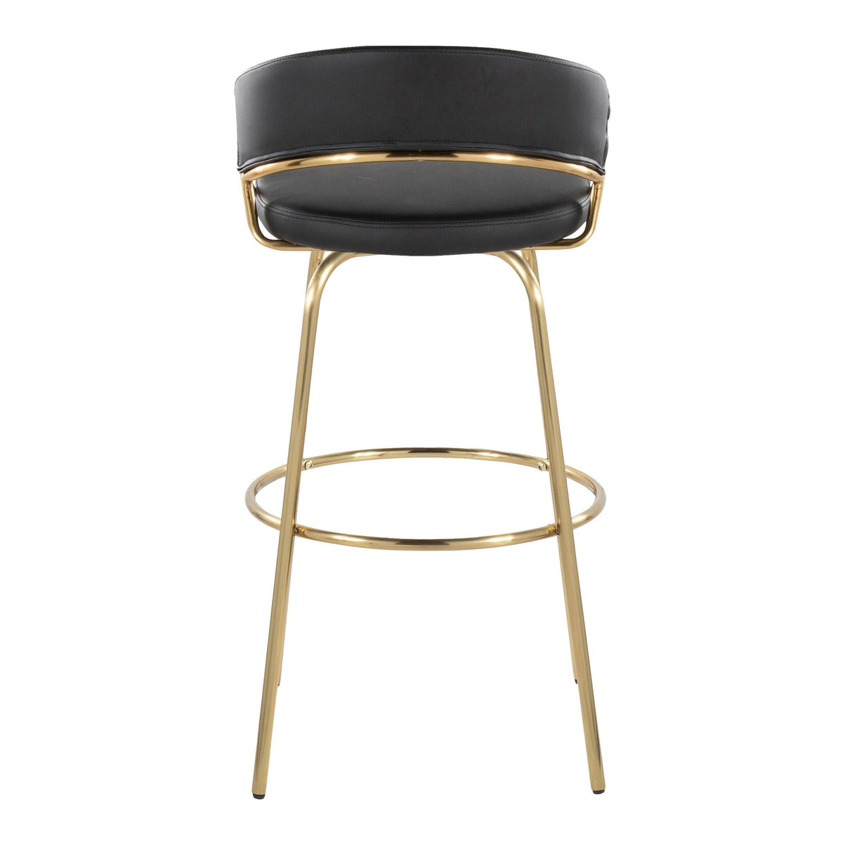 Contemporary swivel barstool set black leather seat with gold frame and round footrest on Tampa Home & Garden Store
