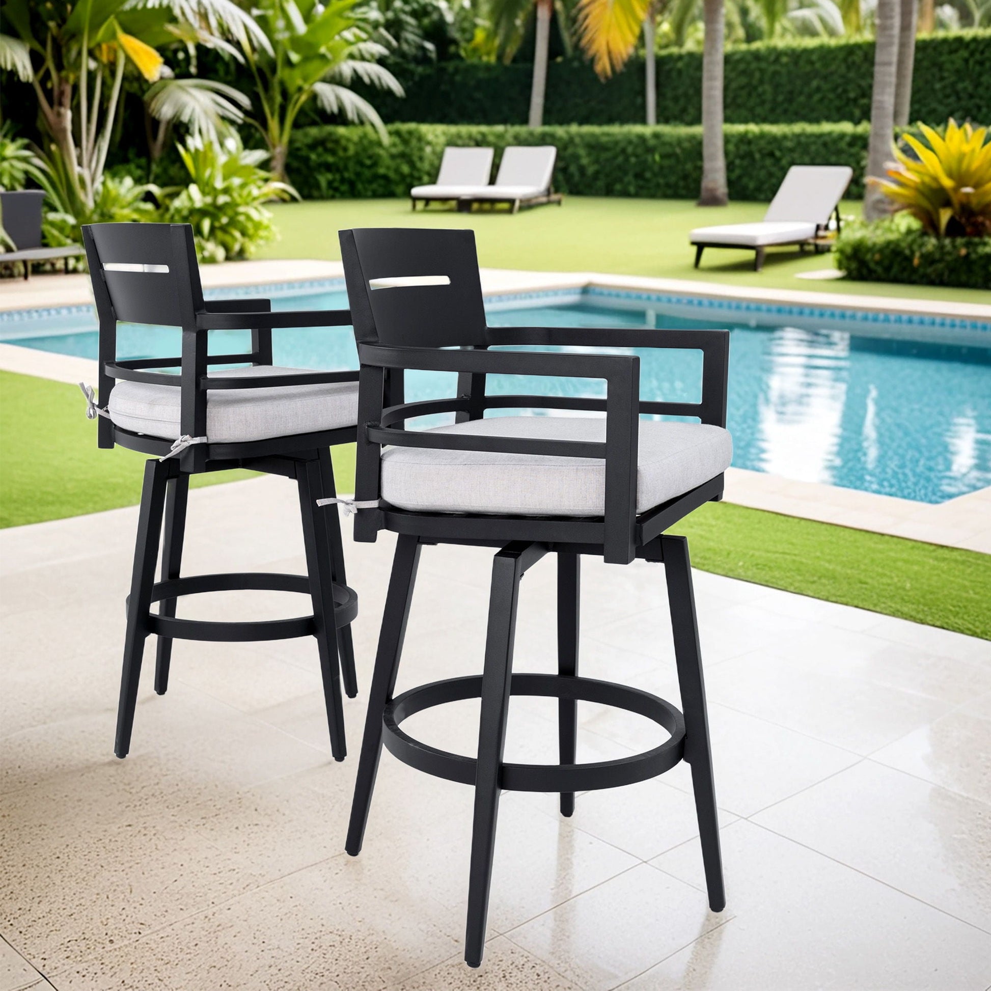 Outdoor swivel bar chairs set of 2 with ergonomic backs, black frames, cushions, 360° rotation on Tampa Home & Garden Store