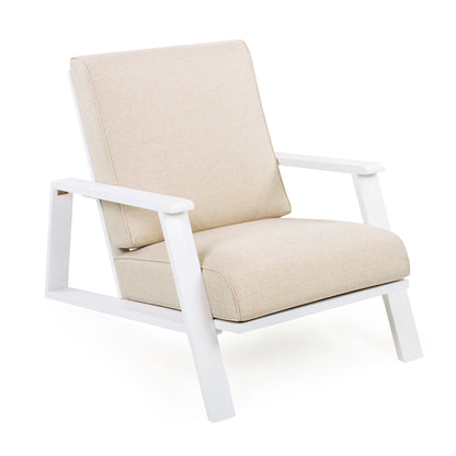 Outdoor patio lounge chair set of 2 with beige cushions and white frame on Tampa Home & Garden Store