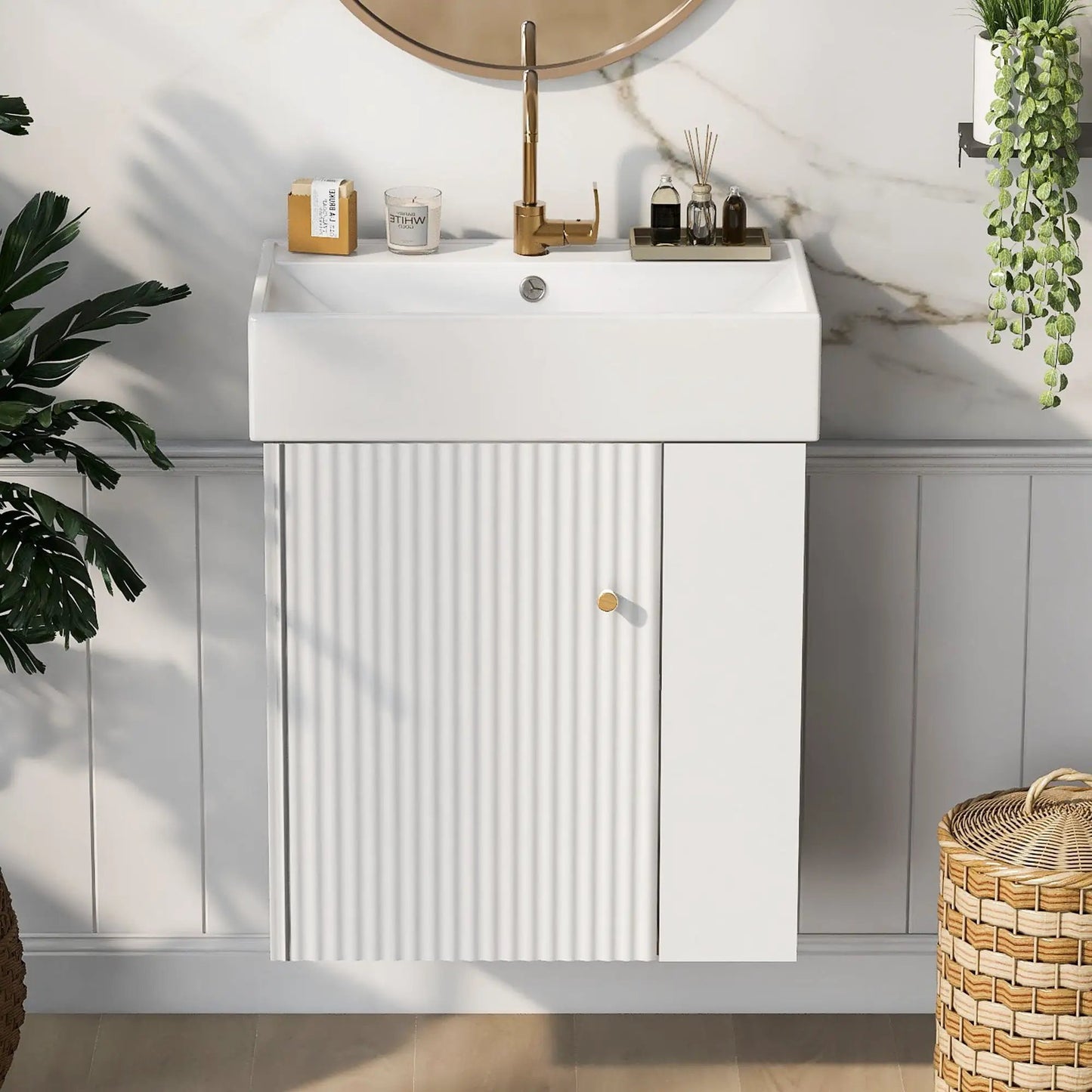 Compact Modern Floating Vanity with Ceramic Basin