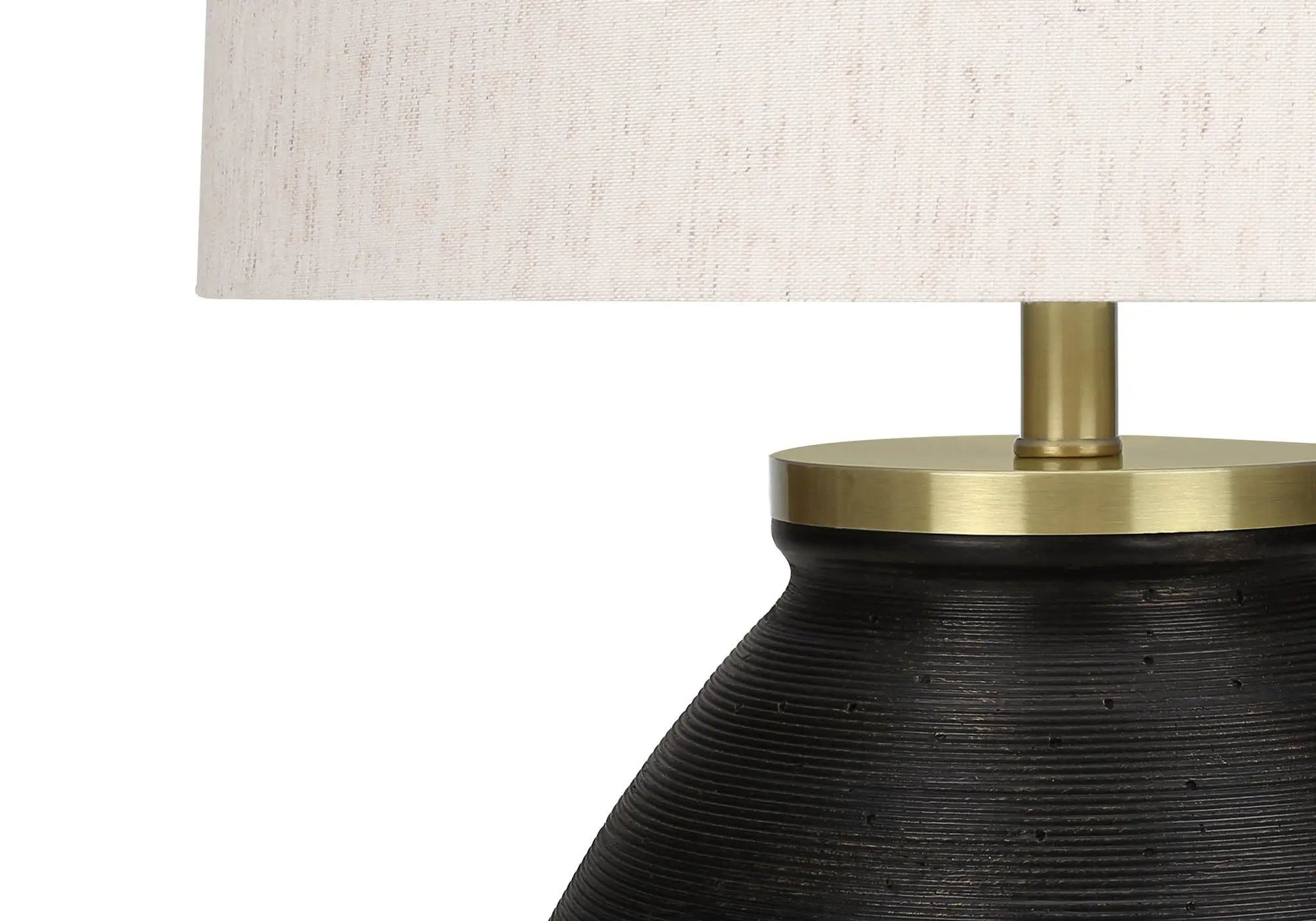 Table lamp Unique Piece Furniture with black ribbed base, brass collar, cream linen shade on Tampa Home & Garden Store