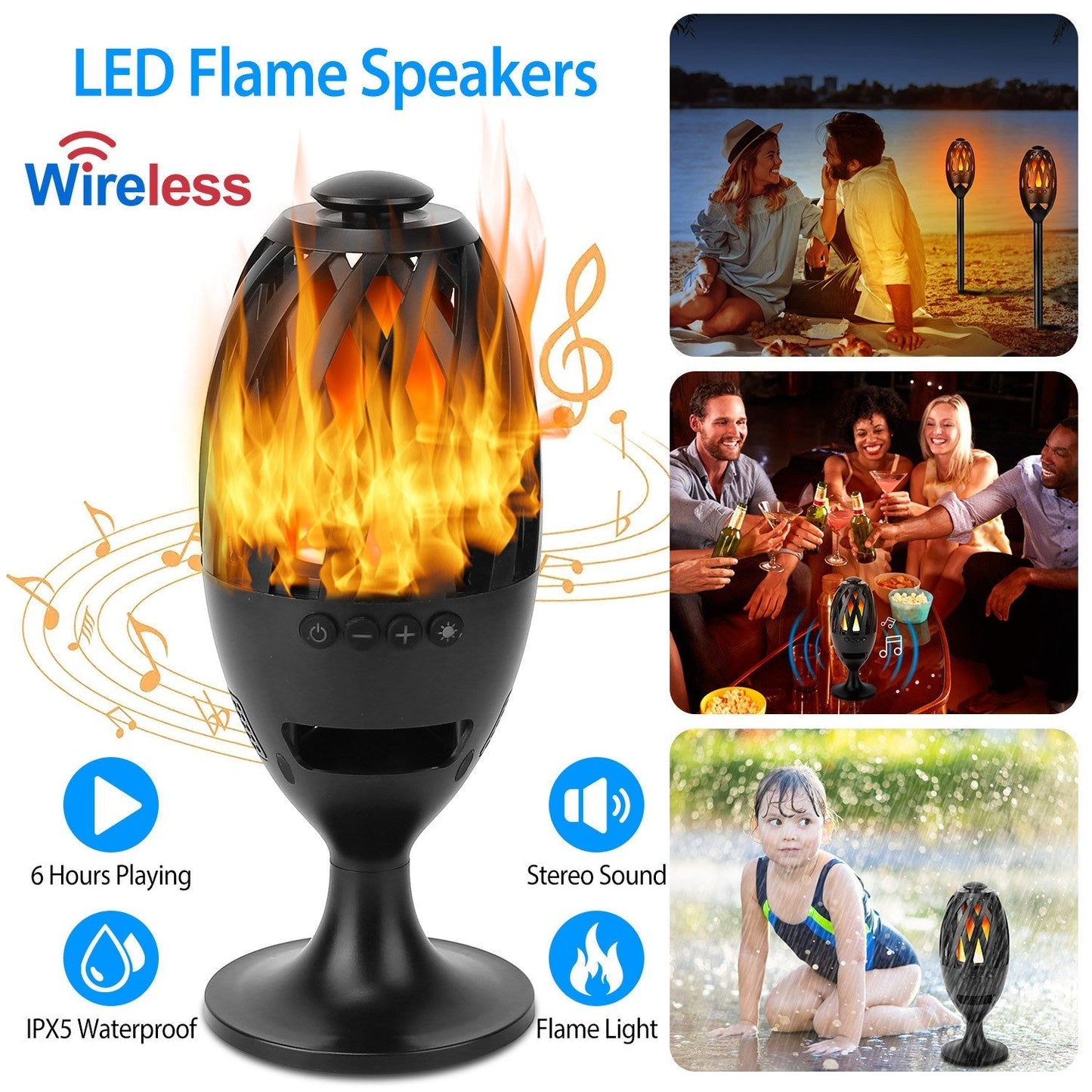 LED Flame Speakers Torch wireless waterproof speaker by GemGear with LED flicker flames on Tampa Home & Garden Store