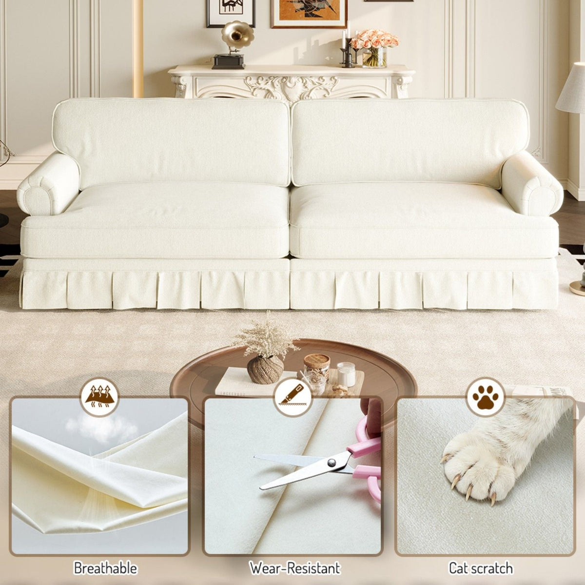 Comfortable Cloud Sofa with Rolled Arms and Skirt in cream fabric, stationary sofa on Tampa Home & Garden Store