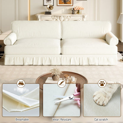Comfortable Cloud Sofa with Rolled Arms and Skirt in cream fabric, stationary sofa on Tampa Home & Garden Store