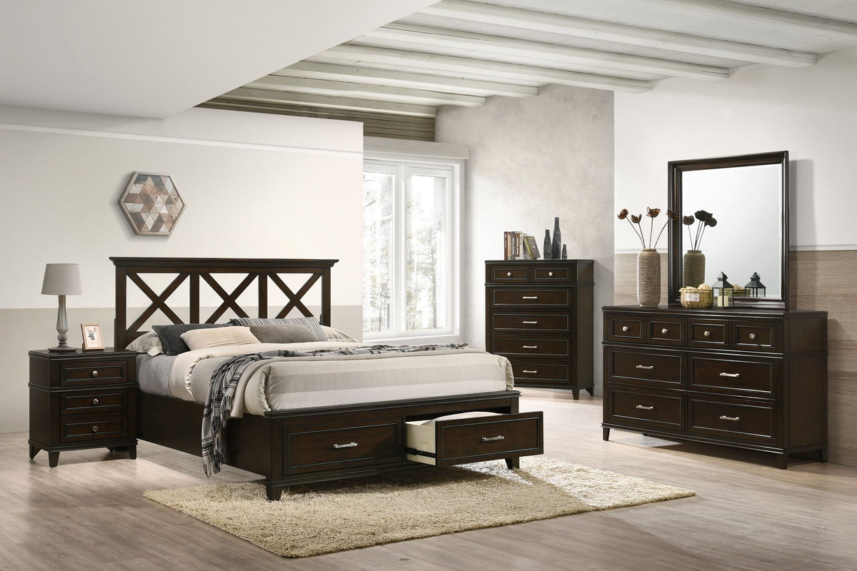 Ample Storage Bed with X Headboard and Wood Base