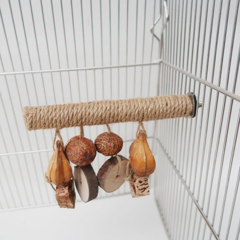 Parrot Supplies Stand Rod Hemp Rope Braided Bird Toy with six natural hanging ornaments on Tampa Home & Garden Store