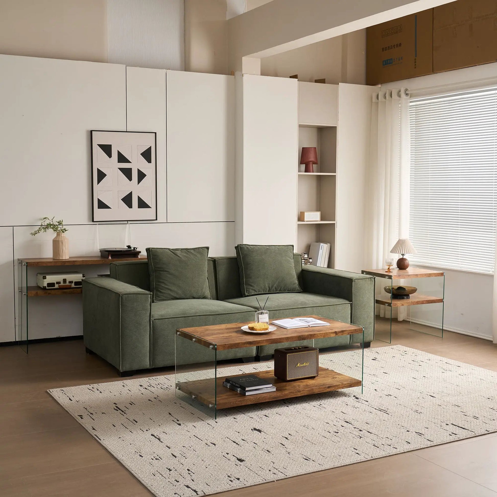 Durable Table For Living Room side tables with wood top and lower shelf on glass legs (2) on Tampa Home & Garden Store