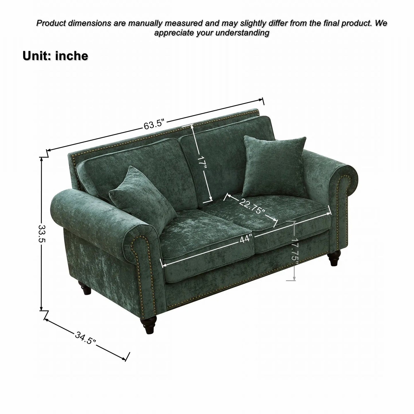 2 Seater Sofa With Rolled Arms Velvet Green Upholstered Couch by Unique Piece Furniture on Tampa Home & Garden Store