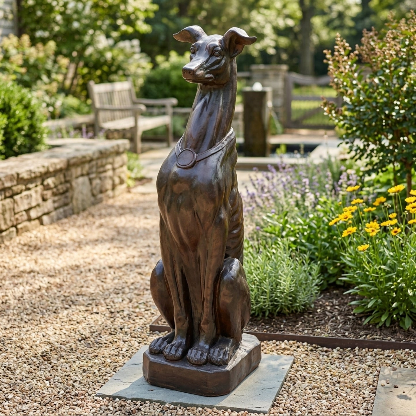Greyhound dog statue in bronze finish by HouseOfZazla for outdoor garden decor on Tampa Home & Garden Store
