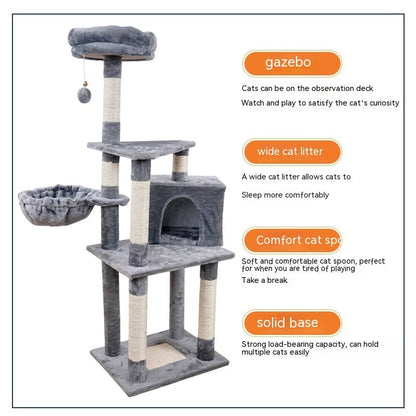 Multi-layer wooden cat tree in gray plush with top perch, hollow cubby, and hanging ball on Tampa Home & Garden Store